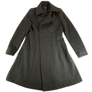 Vintage VIA 100% Wool Long Overcoat Women 8 Double Breasted Charcoal Flare Style